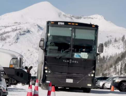 Taking the shuttle bus to Sierra-at-Tahoe